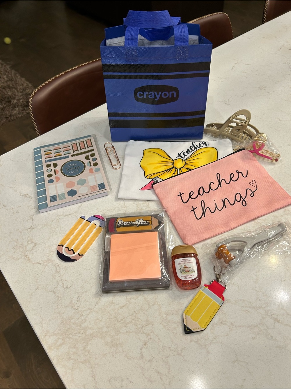 Crayon Blue Kids Tote with Pink 'Teacher Things' Pouch and School Accessories